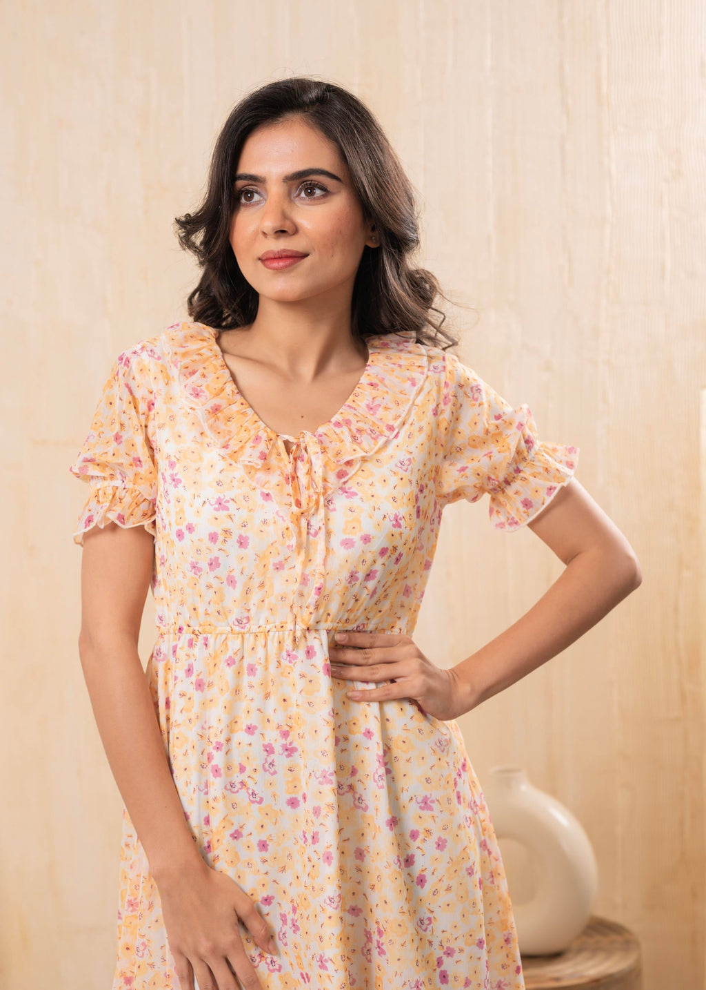 Juniper Lamora Pastel Peach Floral Fit & Flare Short Dress | Grocsy