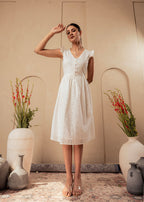 Juniper Lamora Cotton Midi Dress With Ruffled Sleeves | Grocsy