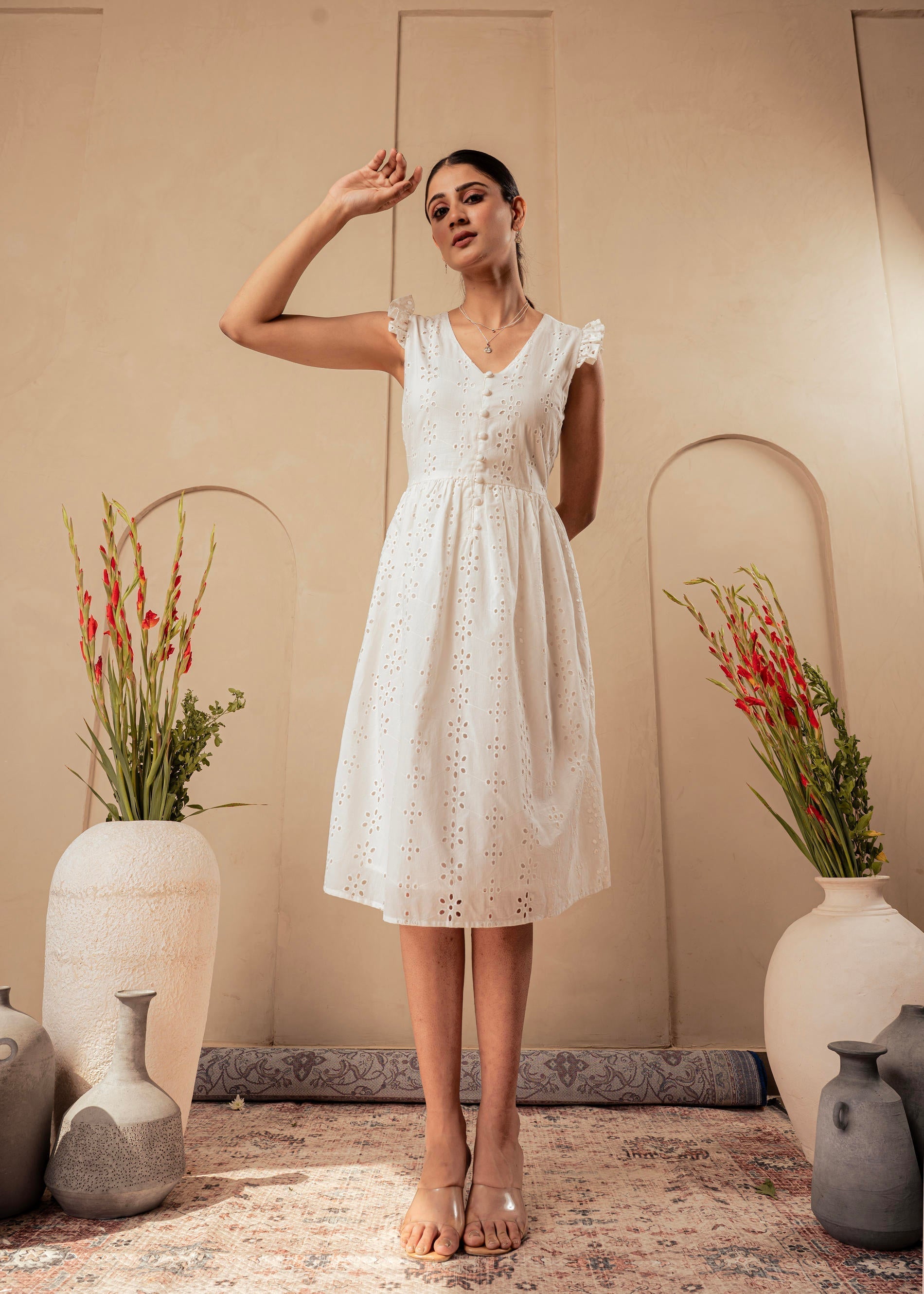 Juniper Lamora Cotton Midi Dress With Ruffled Sleeves | Grocsy