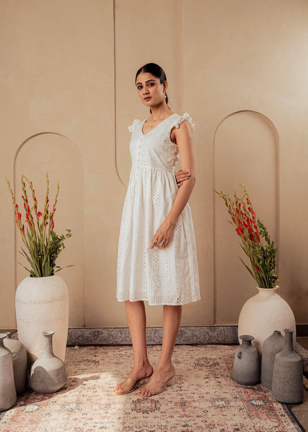 Juniper Lamora Cotton Midi Dress With Ruffled Sleeves | Grocsy