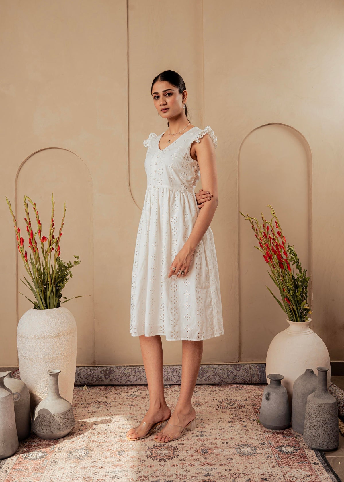 Juniper Lamora Cotton Midi Dress With Ruffled Sleeves | Grocsy