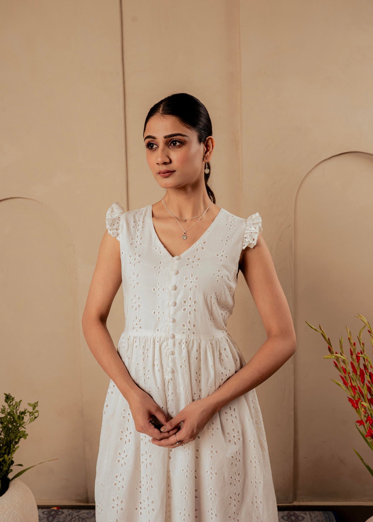 Juniper Lamora Cotton Midi Dress With Ruffled Sleeves | Grocsy