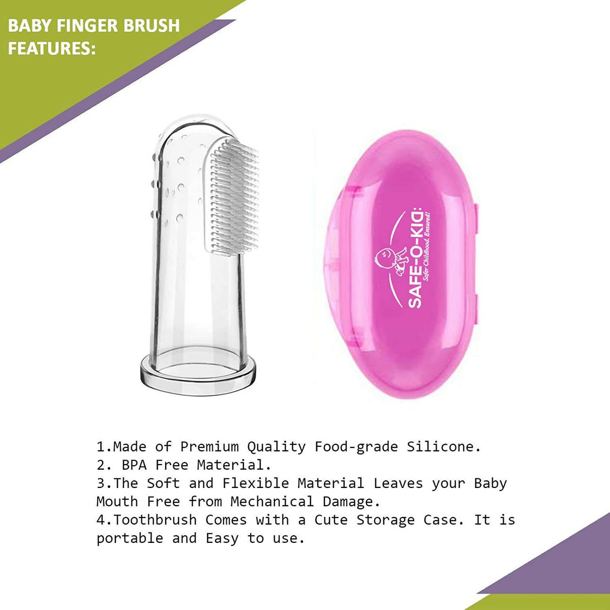 Safe-O-Kid Silicone Baby Finger/ Mouth Toothbrush With Case Set, Infant Training Soft Teeth Brush, Oral Cleaning Massager For Babies- Pink | Grocsy