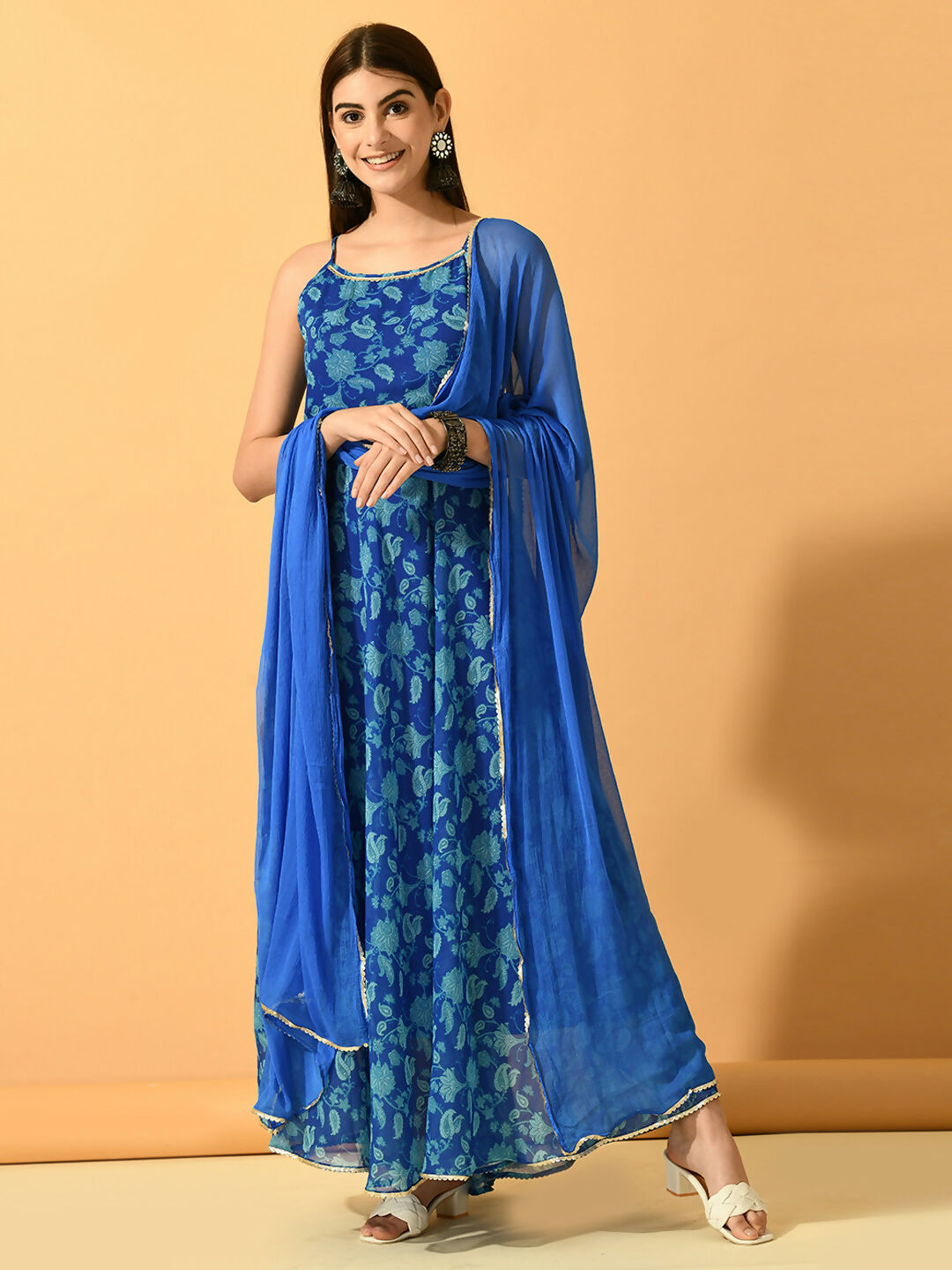 Myshka Women's Blue Festive Flared Anarkali Kurta With Dupatta sets | Grocsy