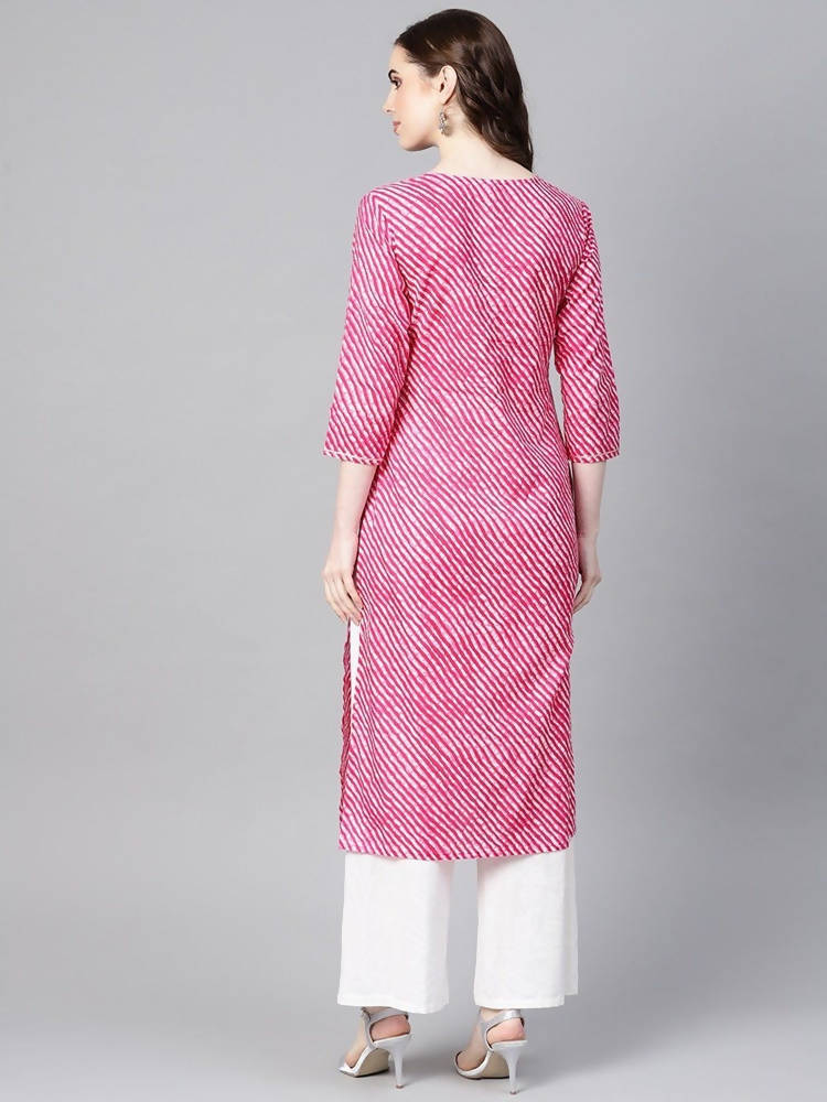 Yufta Women Pink & White Leheriya Print Straight Kurta | Grocsy
