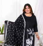 Miravan Women's Plus Size Black Pintucks Detailing Straight Kurta and Palazzo with Dupatta Set | Grocsy