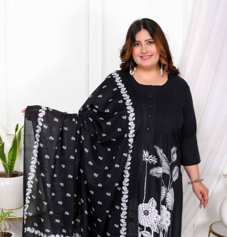 Miravan Women's Plus Size Black Pintucks Detailing Straight Kurta and Palazzo with Dupatta Set | Grocsy