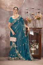 Vastranavya Gold Crunchy Multi Colour Threads Embroidery Work with Sequins Work Saree with Blouse material - Teal | Grocsy