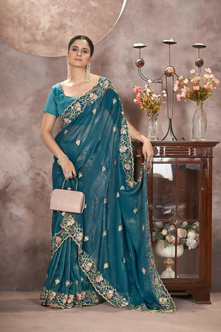 Vastranavya Gold Crunchy Multi Colour Threads Embroidery Work with Sequins Work Saree with Blouse material - Teal | Grocsy