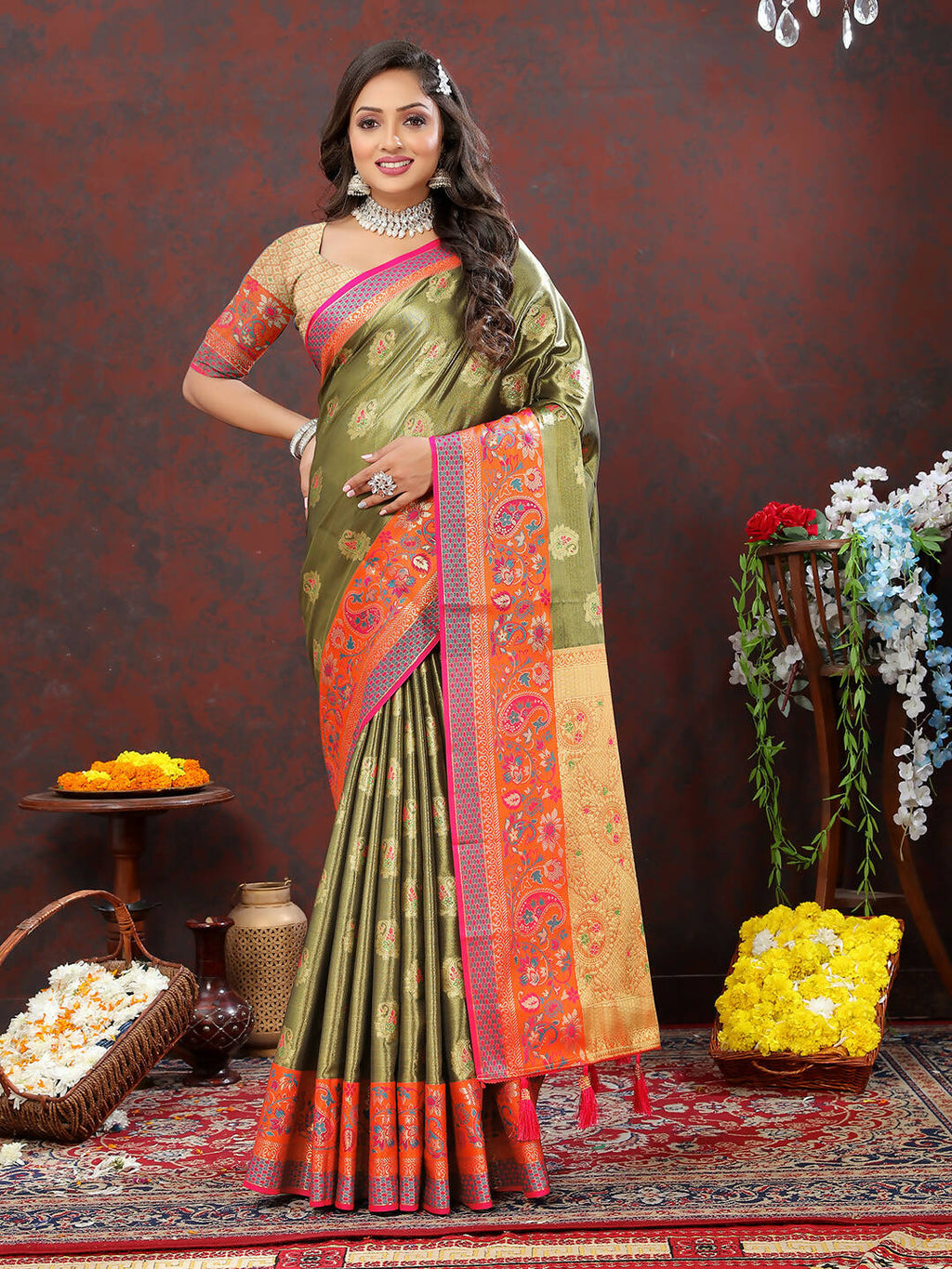 Lorenvalley Fashion Mehndi Kanjivaram Silk Woven Design with Zari Weaving Saree | Grocsy
