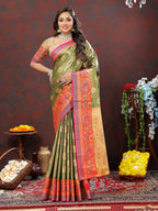 Lorenvalley Fashion Mehndi Kanjivaram Silk Woven Design with Zari Weaving Saree | Grocsy