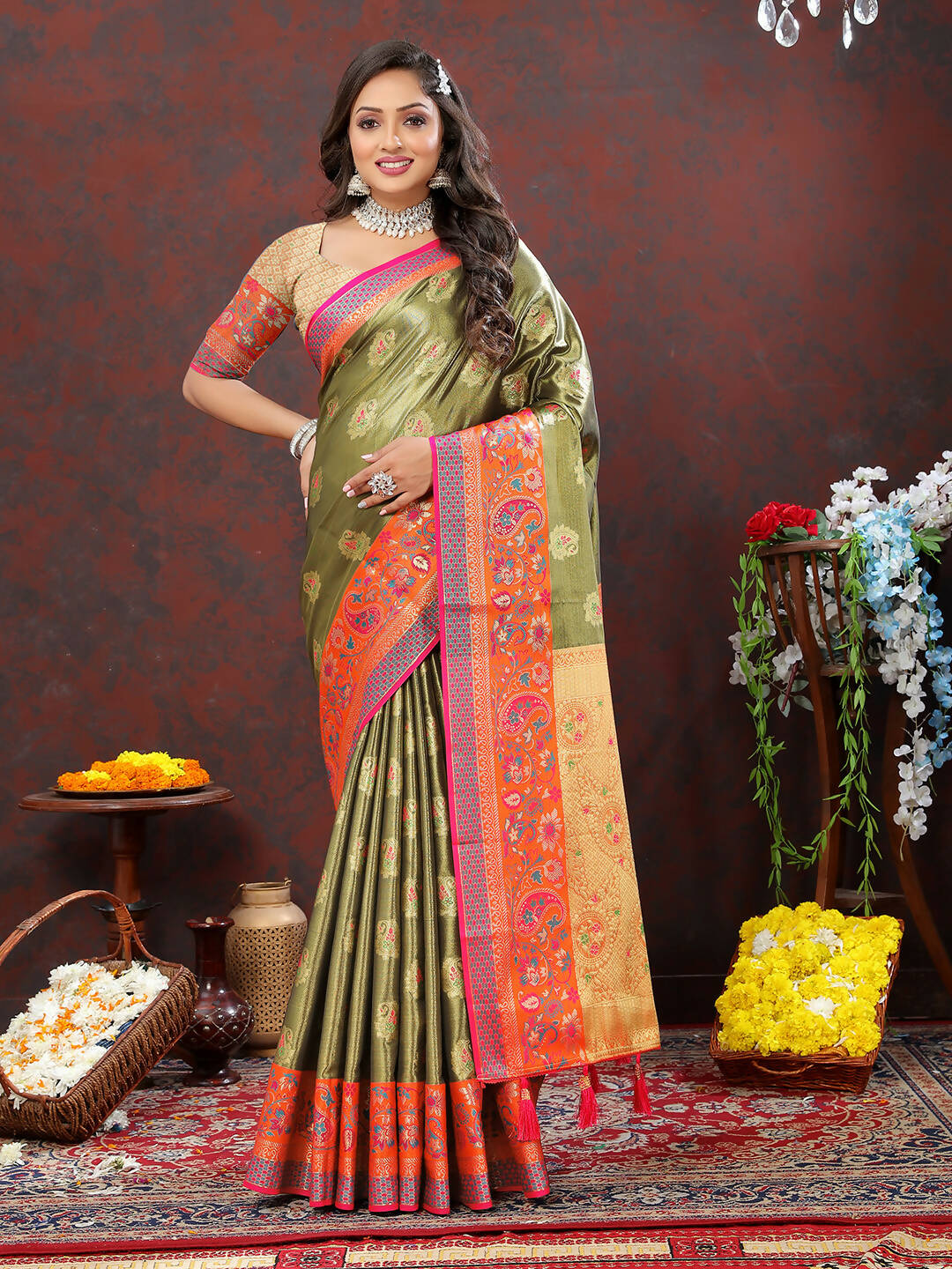 Lorenvalley Fashion Mehndi Kanjivaram Silk Woven Design with Zari Weaving Saree | Grocsy
