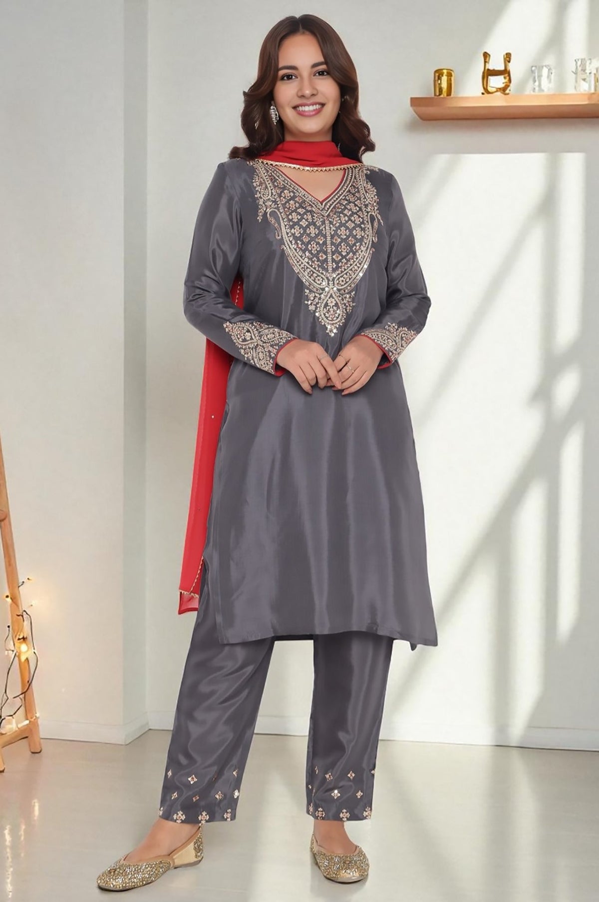 W for Woman Grey Solid Printed Shantung Straight Kurta, Straight Pant and Dupatta Set | Grocsy