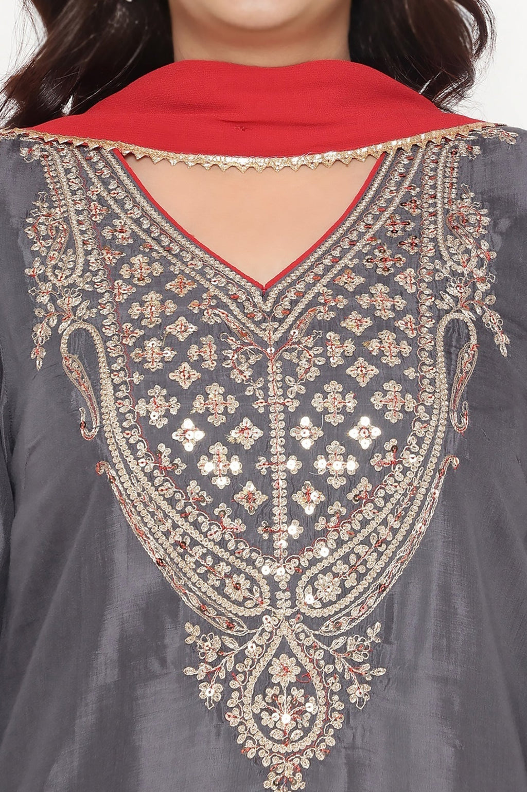 W for Woman Grey Solid Printed Shantung Straight Kurta, Straight Pant and Dupatta Set | Grocsy