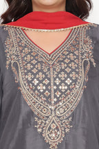 W for Woman Grey Solid Printed Shantung Straight Kurta, Straight Pant and Dupatta Set | Grocsy