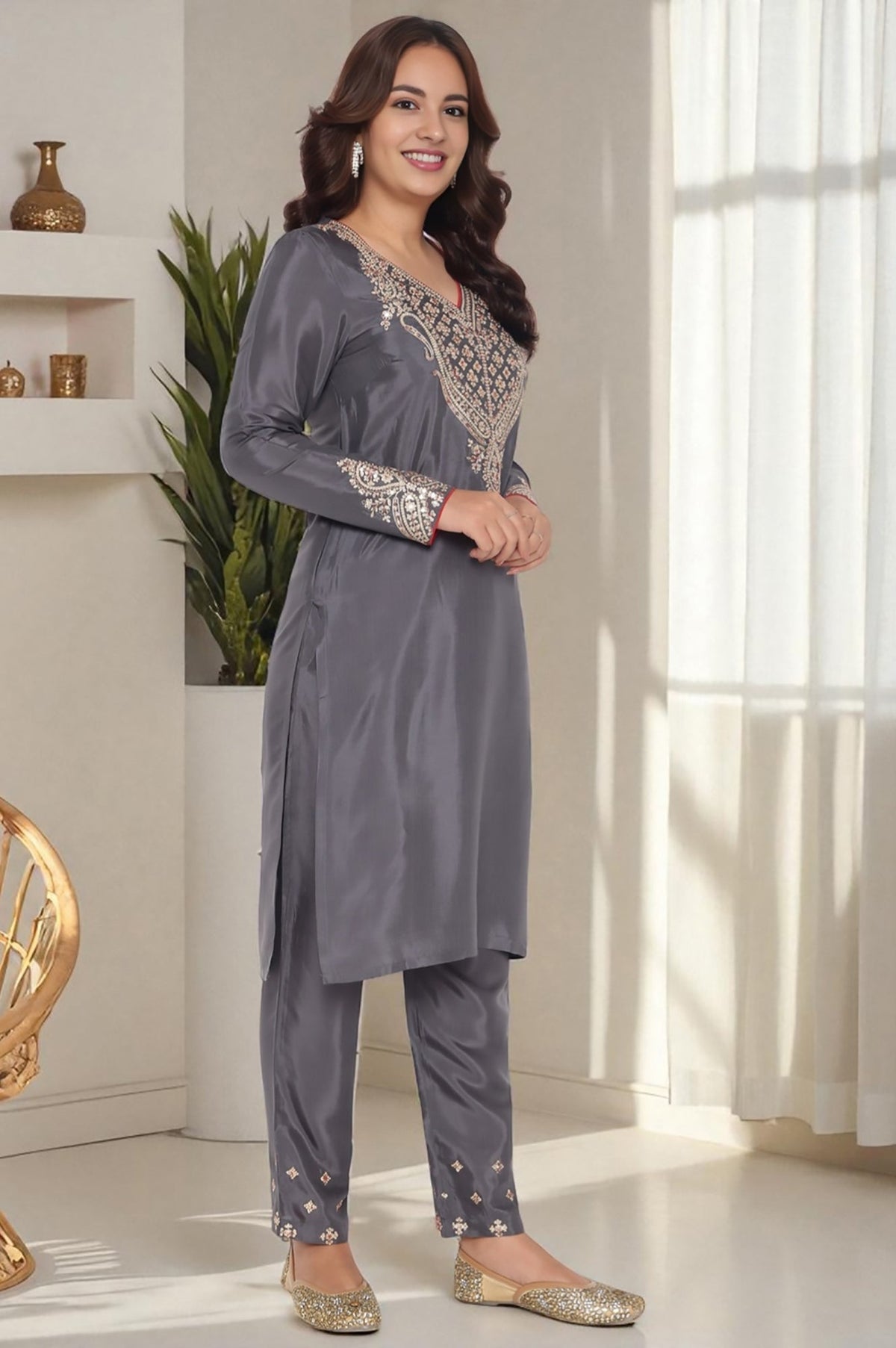 W for Woman Grey Solid Printed Shantung Straight Kurta, Straight Pant and Dupatta Set | Grocsy