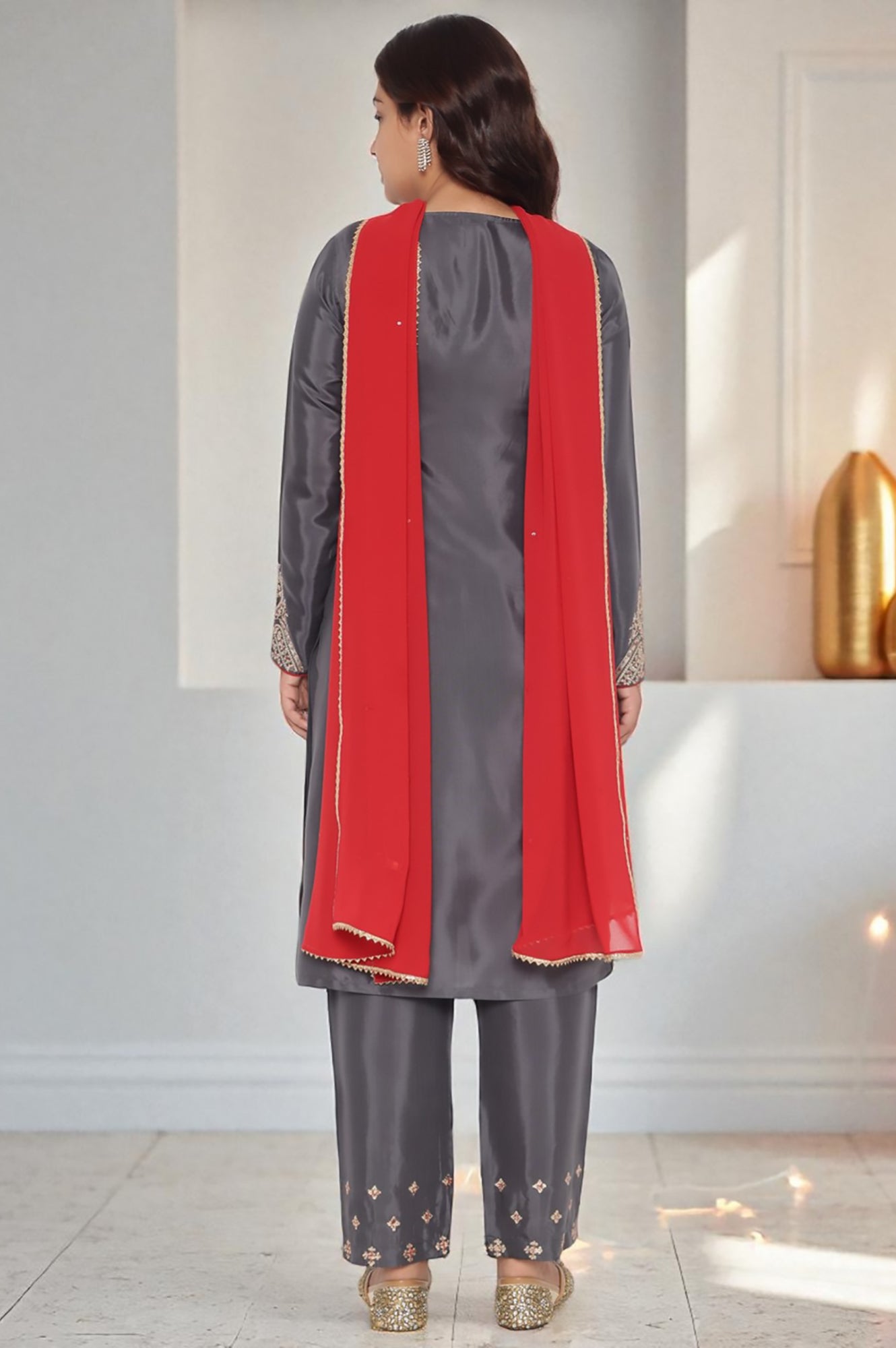 W for Woman Grey Solid Printed Shantung Straight Kurta, Straight Pant and Dupatta Set | Grocsy