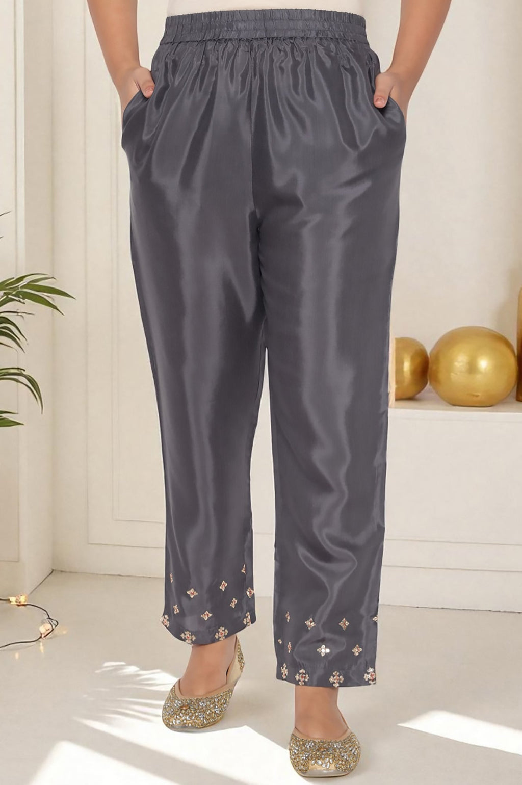 W for Woman Grey Solid Printed Shantung Straight Kurta, Straight Pant and Dupatta Set | Grocsy
