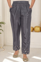 W for Woman Grey Solid Printed Shantung Straight Kurta, Straight Pant and Dupatta Set | Grocsy
