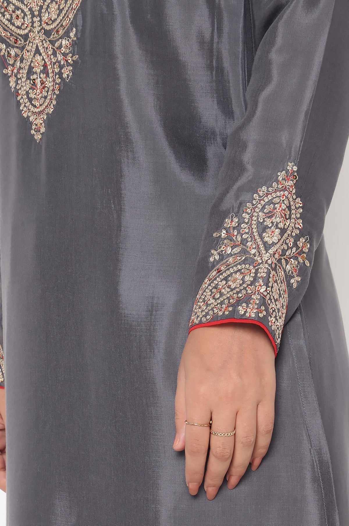 W for Woman Grey Solid Printed Shantung Straight Kurta, Straight Pant and Dupatta Set | Grocsy