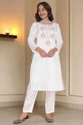 W for Woman Ecru Solid Printed Shantung Straight Kurta, Straight Pant and Dupatta Set | Grocsy