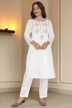 W for Woman Ecru Solid Printed Shantung Straight Kurta, Straight Pant and Dupatta Set | Grocsy