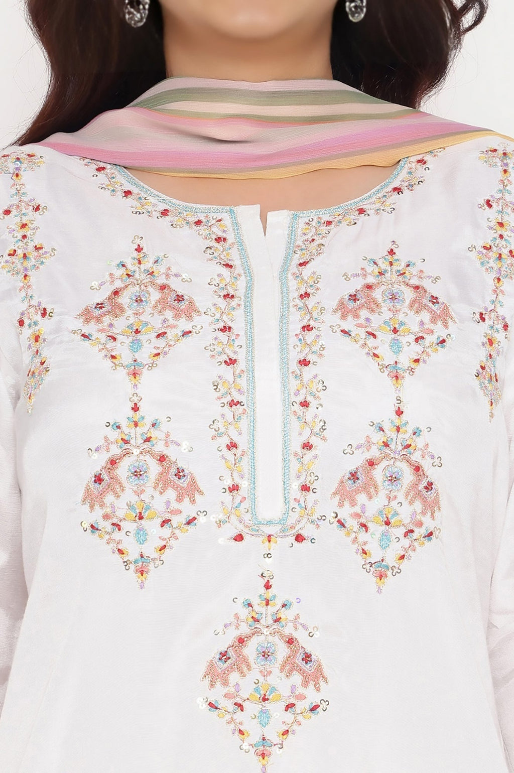 W for Woman Ecru Solid Printed Shantung Straight Kurta, Straight Pant and Dupatta Set | Grocsy