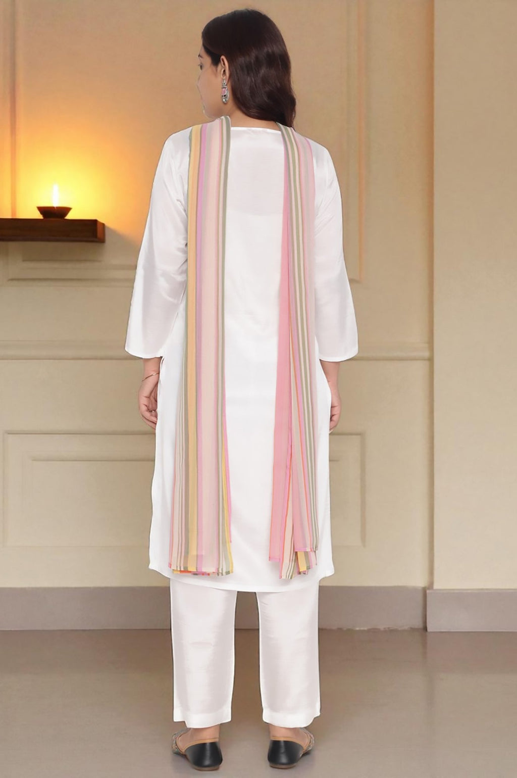 W for Woman Ecru Solid Printed Shantung Straight Kurta, Straight Pant and Dupatta Set | Grocsy