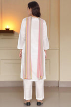 W for Woman Ecru Solid Printed Shantung Straight Kurta, Straight Pant and Dupatta Set | Grocsy