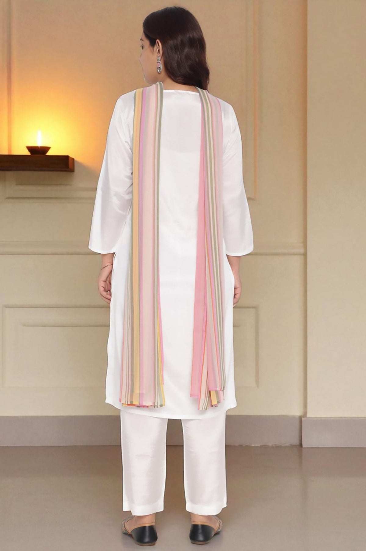 W for Woman Ecru Solid Printed Shantung Straight Kurta, Straight Pant and Dupatta Set | Grocsy