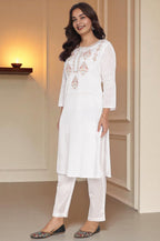 W for Woman Ecru Solid Printed Shantung Straight Kurta, Straight Pant and Dupatta Set | Grocsy