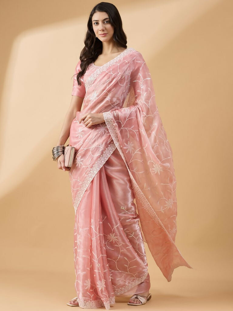 Peach Tissue Slub Embroidered Saree with Unstitched Blouse - Vairagi | Grocsy