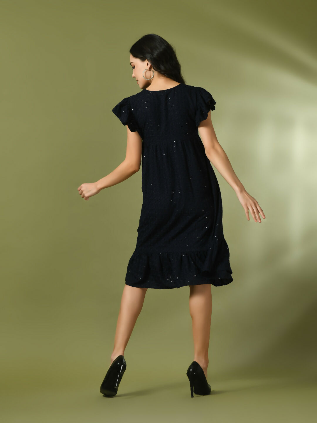 Myshka Women's Navy Blue Embroidered Cotton Round Neck A-Line Party Dress | Grocsy