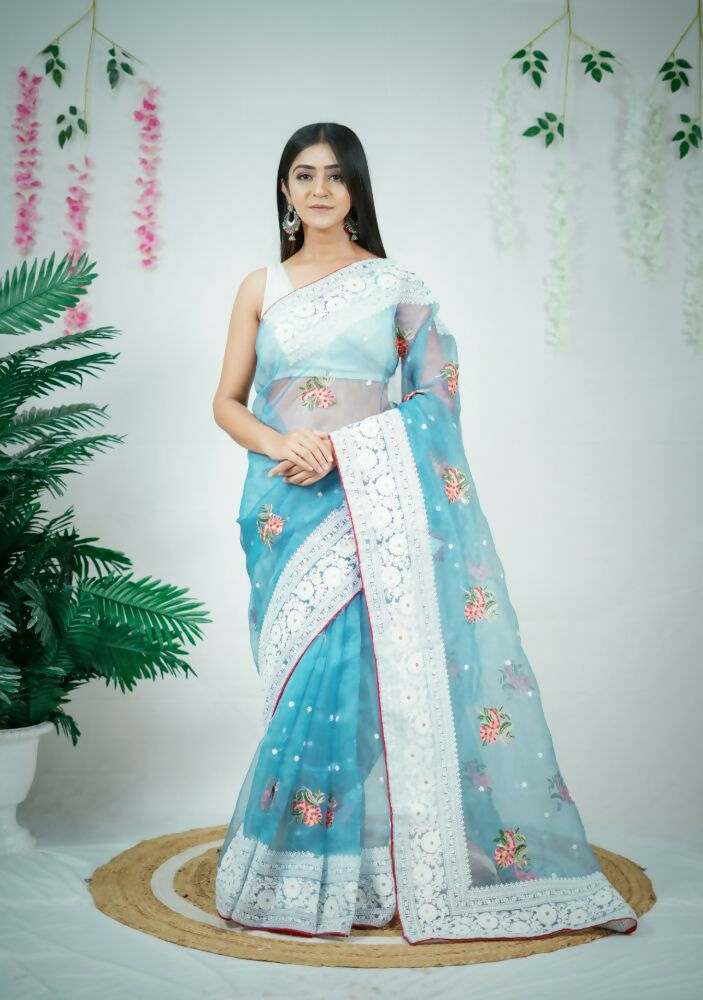 Vamsee Patralekha Blue Organza Saree | Grocsy