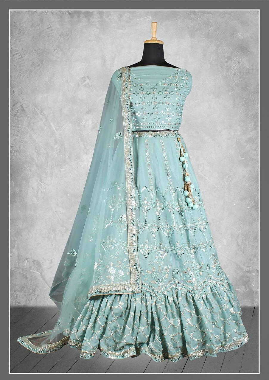 Sea Green Satin Silk Sequins and cord embroidery, cut work Bridal lahenga Choli with Dupatta - Nimaya Pavitra Rista | Grocsy