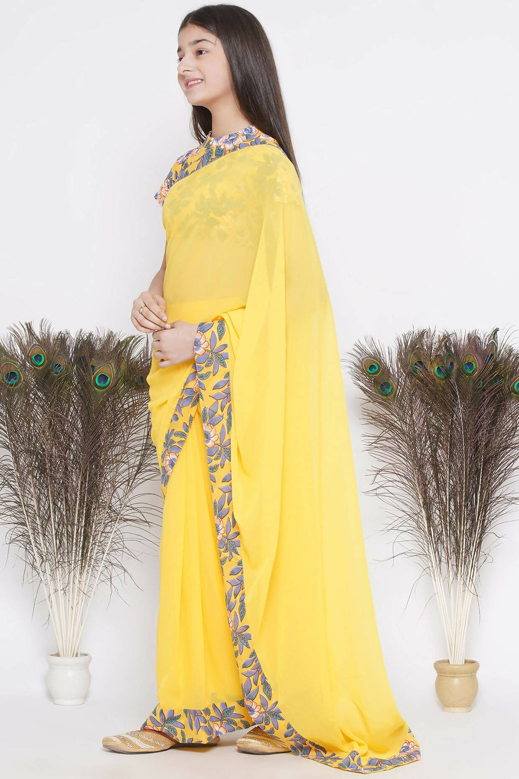 Little Bansi Floral Print Ready To Wear Saree And Floral Blouse - Yellow | Grocsy