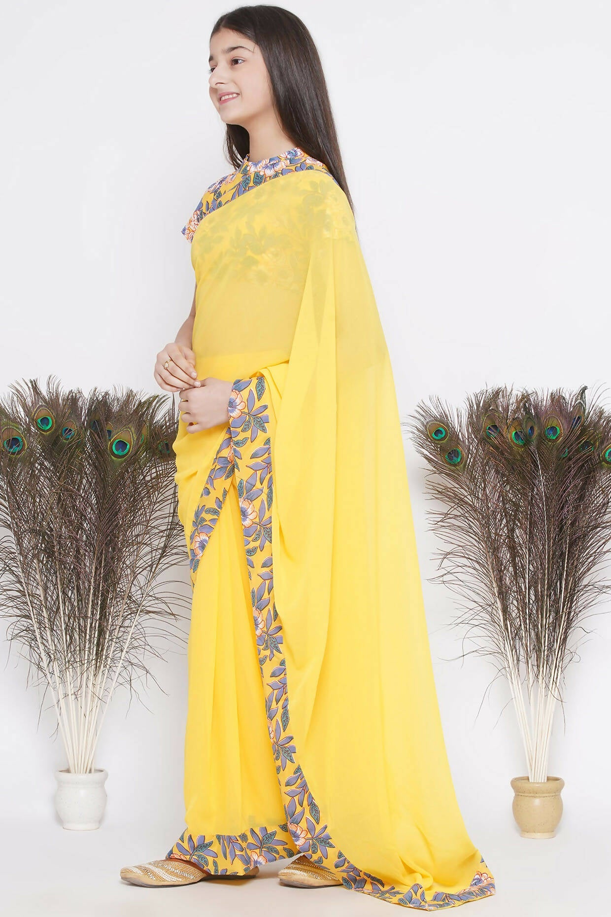 Little Bansi Floral Print Ready To Wear Saree And Floral Blouse - Yellow | Grocsy