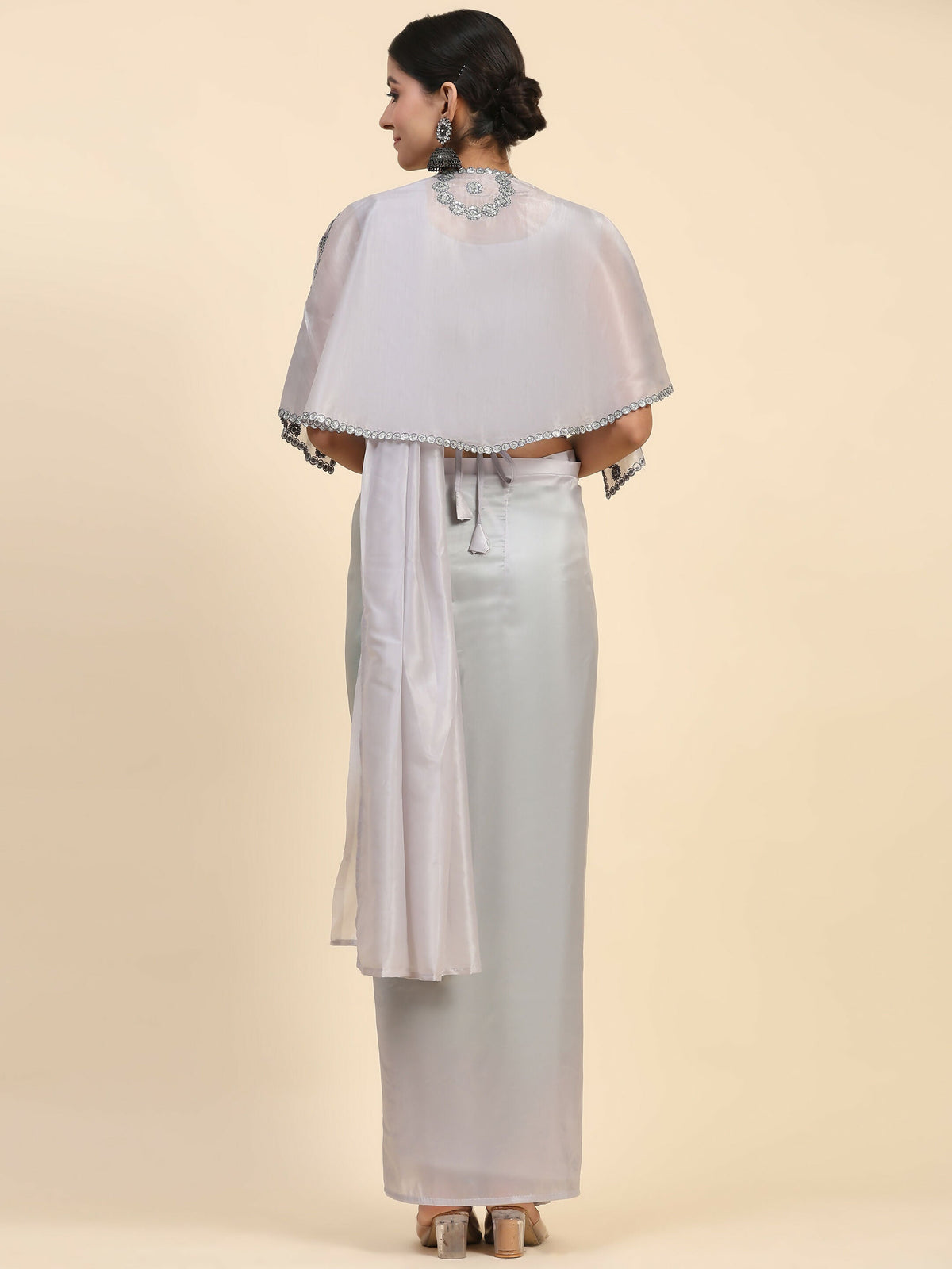 Grey Satin Solid Ready to wear Saree with stitched Blouse - Vanita | Grocsy