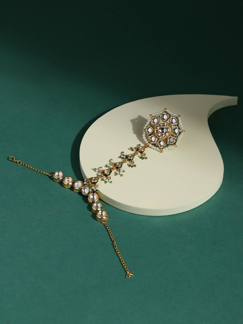 Women's Gold-Toned White Brass Kundan Gold-Polished Link Bracelet - Ruby Raang | Grocsy
