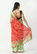 Mominos Fashion Moeza Light Green & Red Bhagalpuri Handloom Ikat Pure Cotton Saree with unstitched Blouse piece | Grocsy