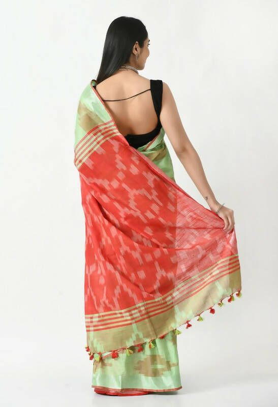 Mominos Fashion Moeza Light Green & Red Bhagalpuri Handloom Ikat Pure Cotton Saree with unstitched Blouse piece | Grocsy