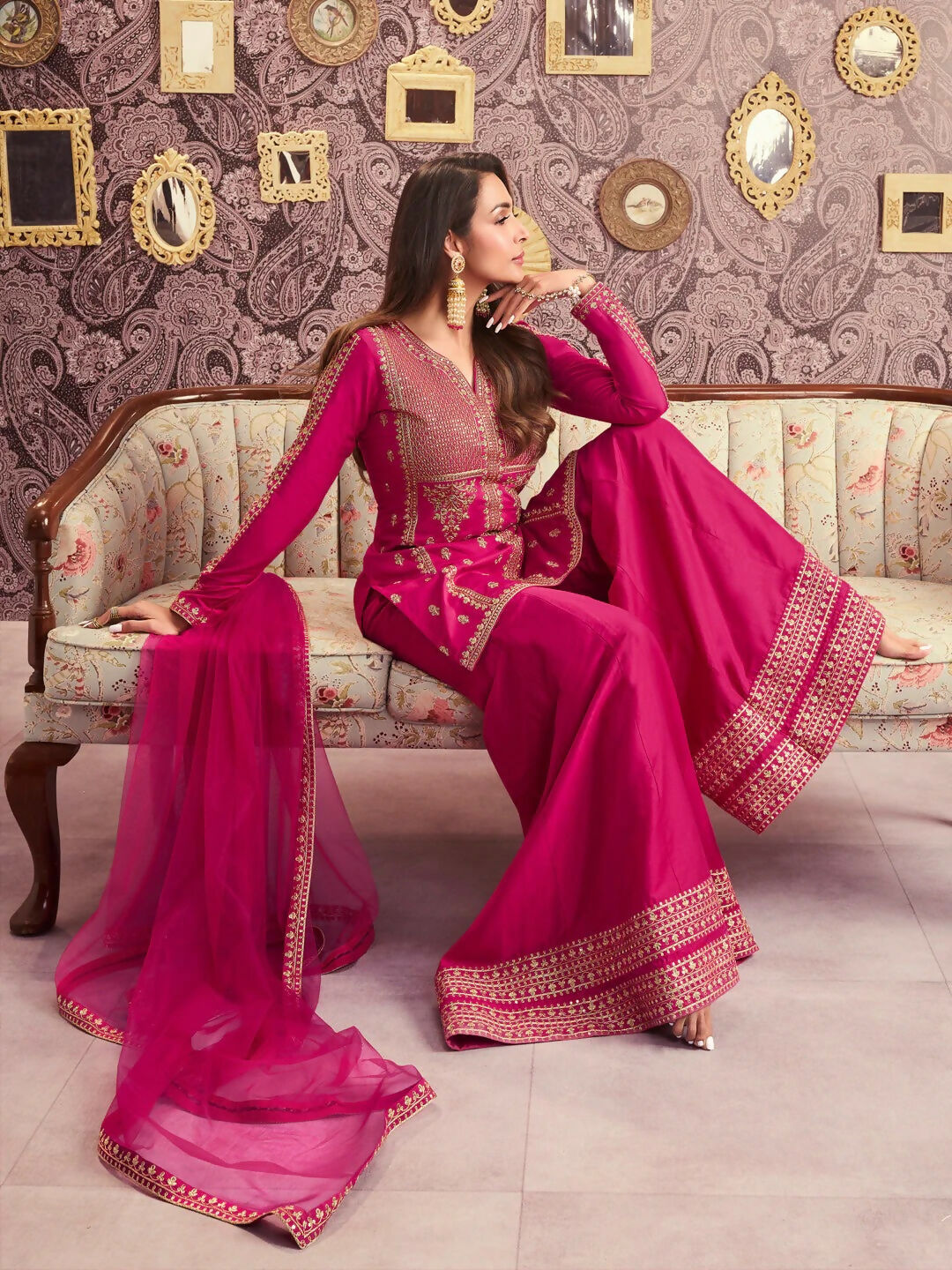 The52 Women's Beautiful Embroidery Work Chanderi Silk Fabric Straight Kurta Palazzo and Dupatta Set-Rani | Grocsy