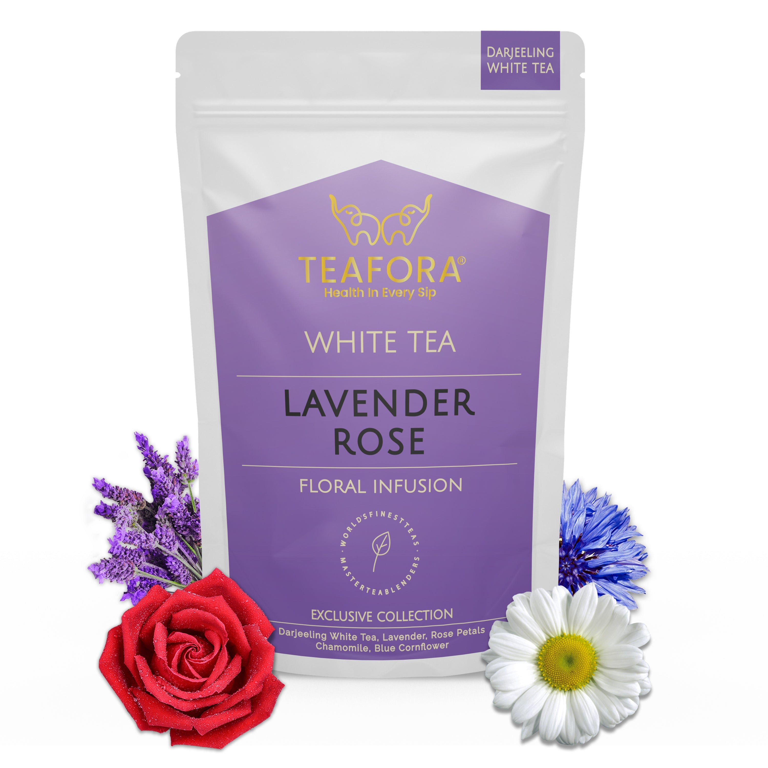 TEAFORA Lavender Rose White Tea | Darjeeling Silver Needles White Loose Leaf Tea Blended with Lavender, Rose Petals, Chamomile & Blue Cornflower | Grocsy