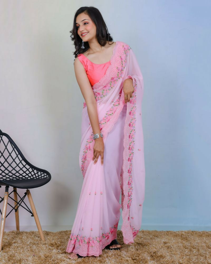 Vamsee Rashmika Baby Pink Georgette Saree | Grocsy