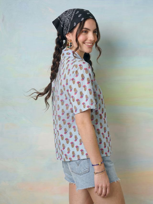 Janasya Powder Blue Shirt Cotton Top | Grocsy