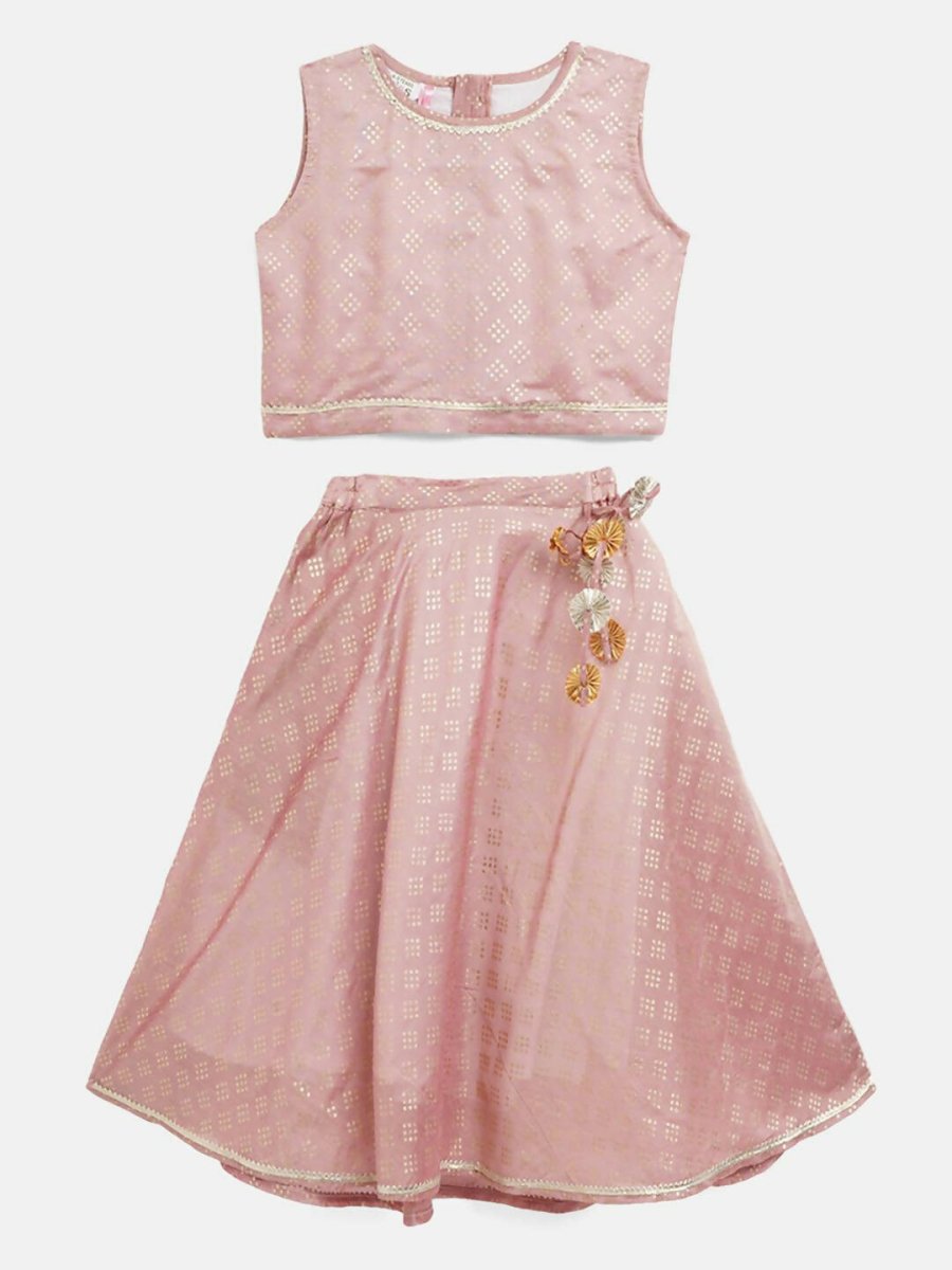 Ahalyaa Rusty Rose Chanderi Gold Foil Print Lehenga Choli With Dupatta For Girls | Grocsy