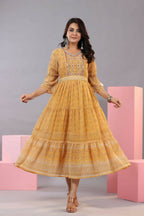 Juniper Women Yellow Georgette Geometric Printed Tiered Maxi Dress | Grocsy