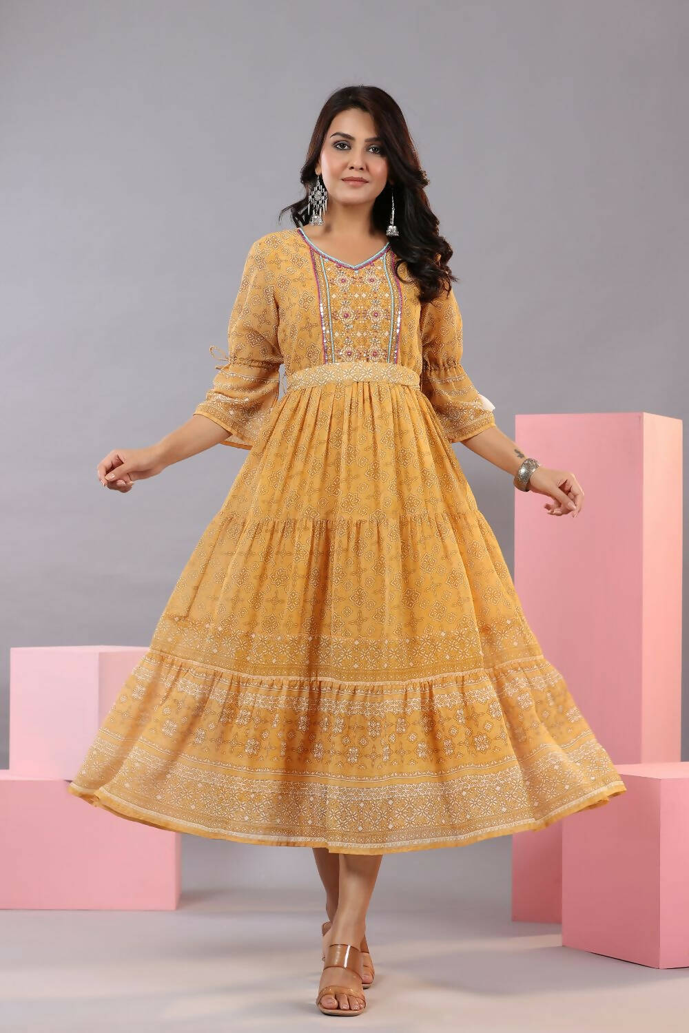 Juniper Women Yellow Georgette Geometric Printed Tiered Maxi Dress | Grocsy