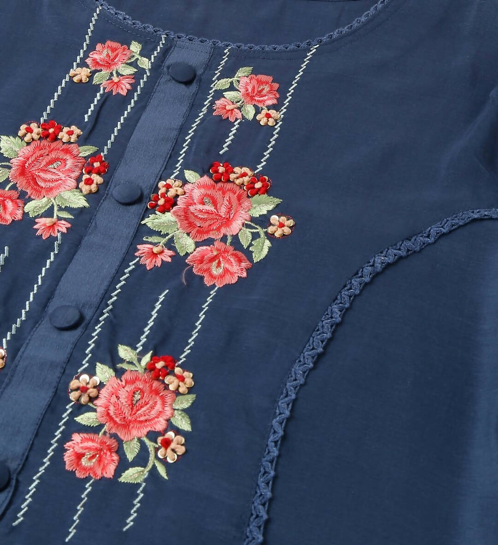 Navy Blue Chinon Embroidered Straight Kurta with Trouser & Dupatta - Salimar | Grocsy