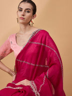 Pink Muslin Embroidered Saree with Unstitched Blouse Piece - Satya | Grocsy